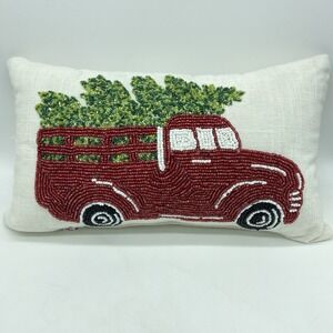 Devi Designs Beaded Christmas Pillow Red Truck 14.5" X‎ 8.5" Tree Farmhouse Cozy